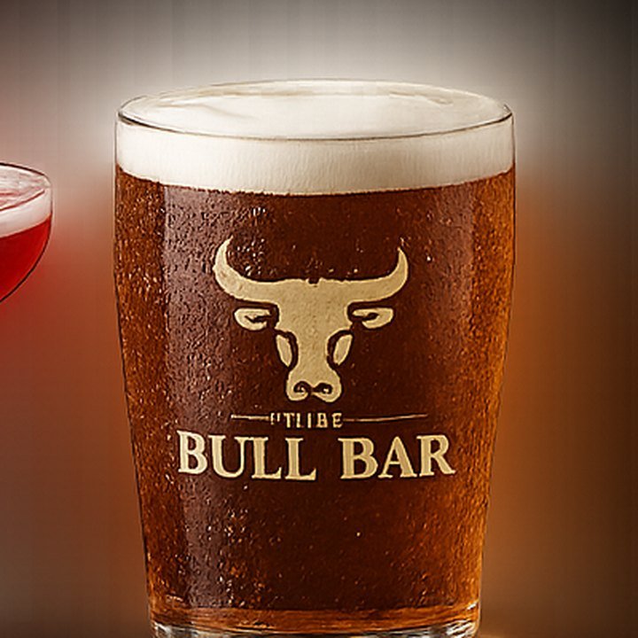Pint poured into a branded Bull Bar glass