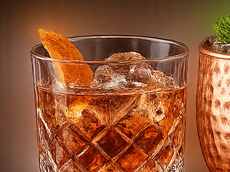 Old fashioned over cracked ice with dried orange