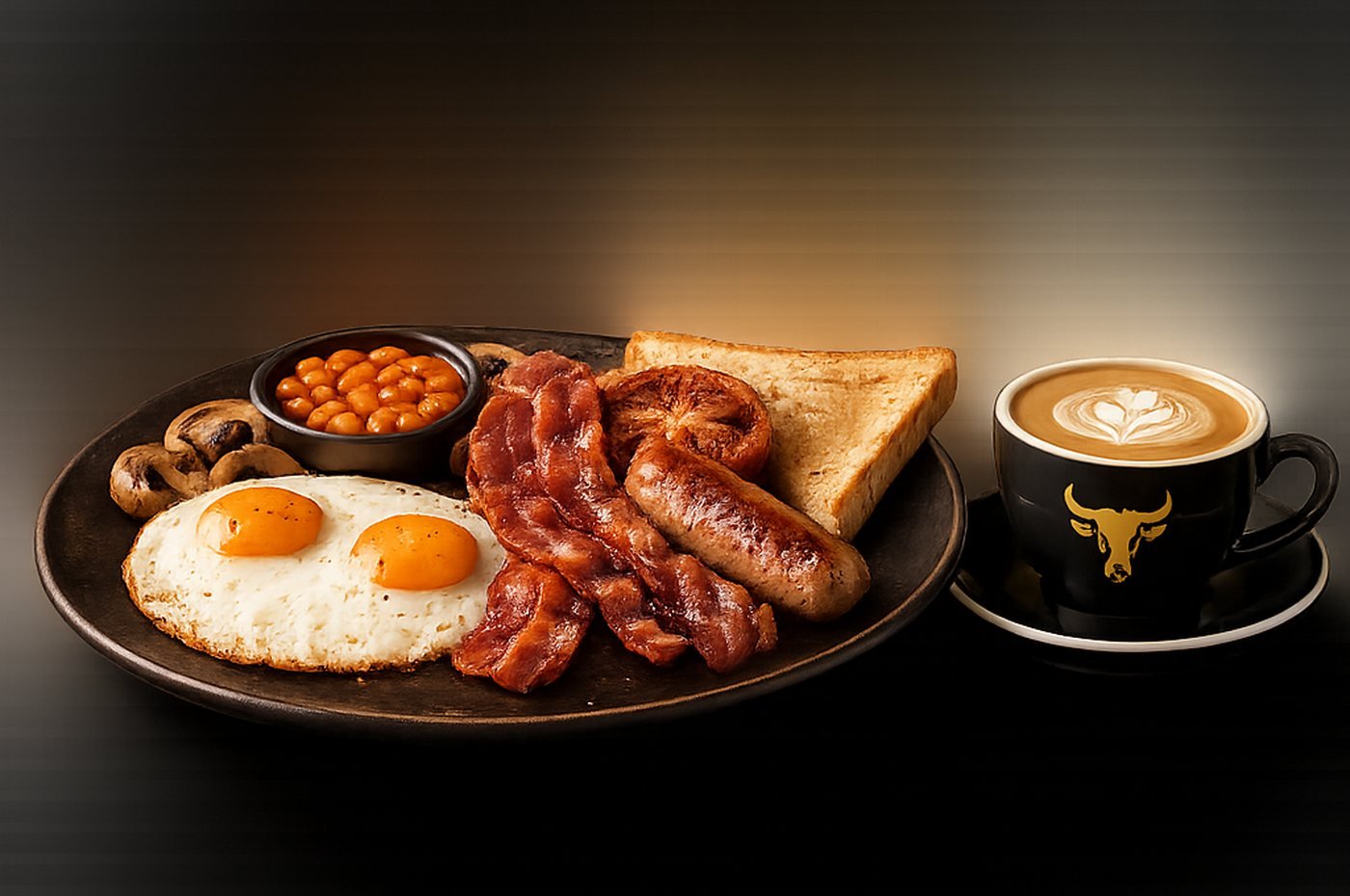 Full English breakfast with a Bull Bar coffee